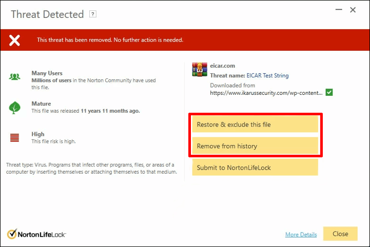 select the recovery option: Restore & exclude this file or Remove from history