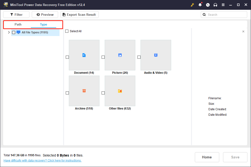 located files are shown under Path and Type in MiniTool Power Data Recovery