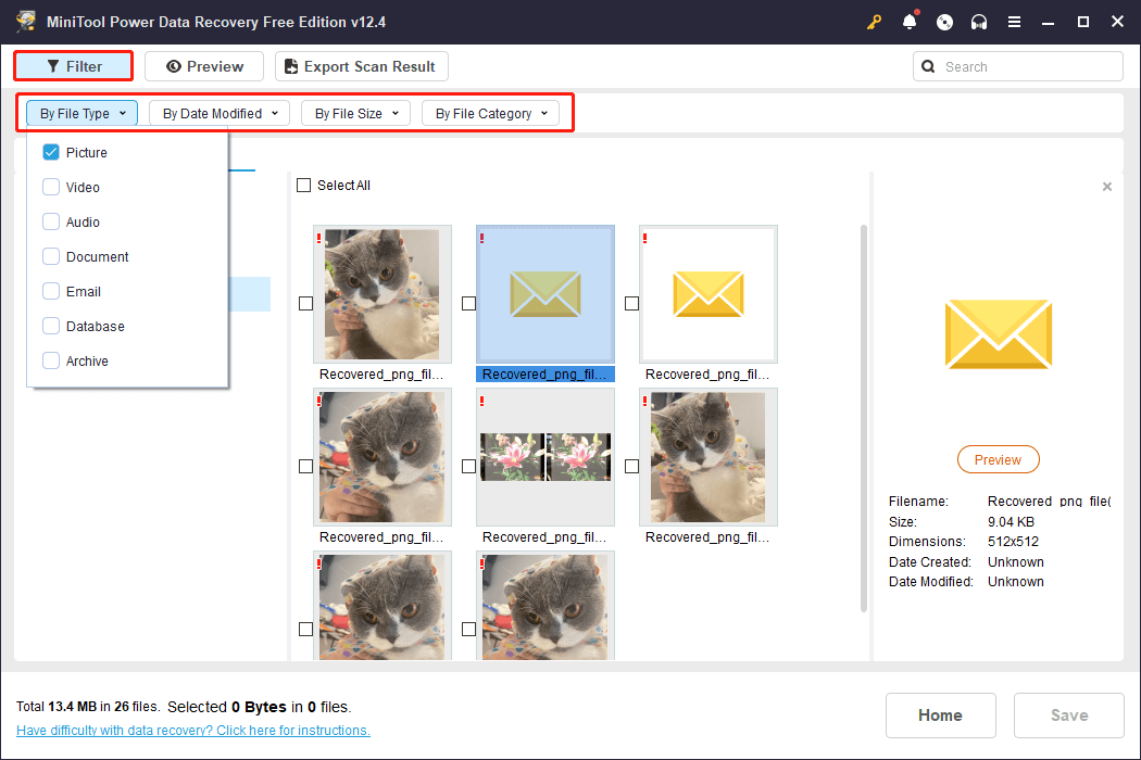 refine the found files by file type, file size, and file category in MiniTool Power Data Recovery