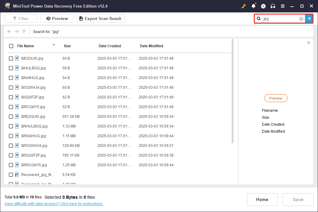 utilize the search box to find desired files in MiniTool Power Data Recovery