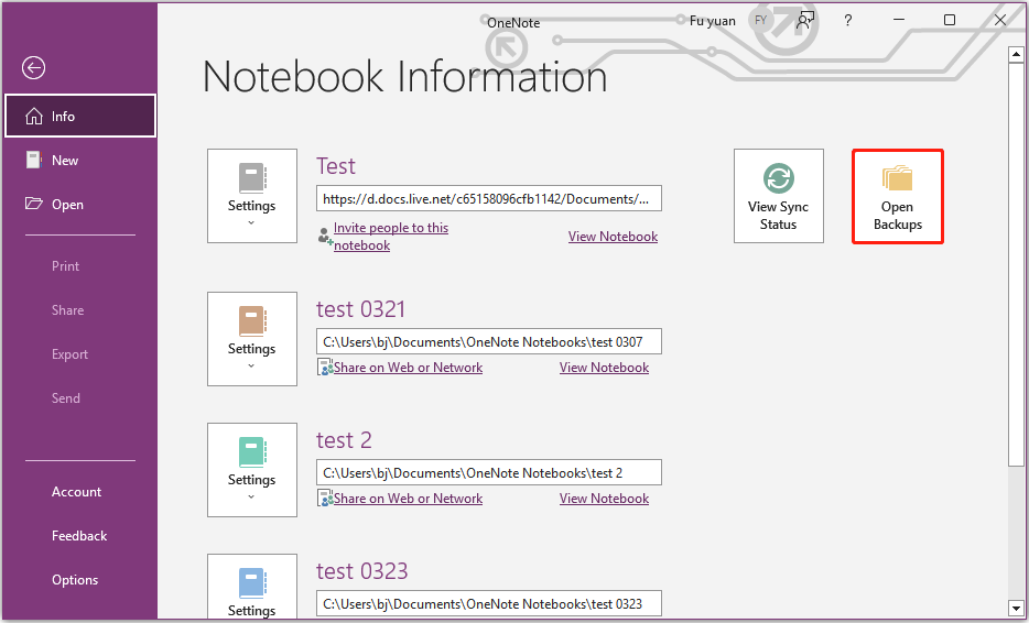 abrir backups do OneNote