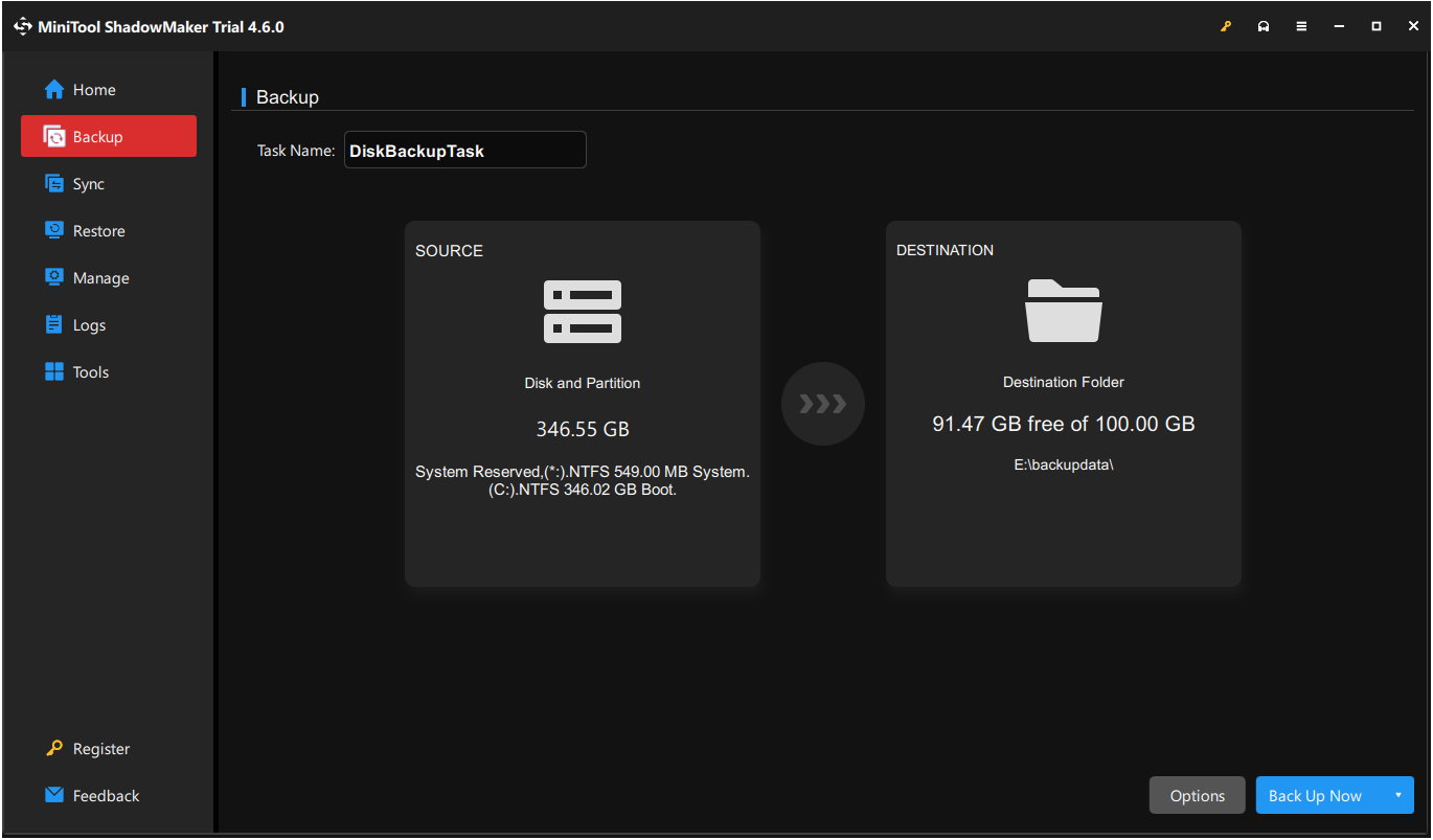 the Backup interface of MiniTool ShadowMaker