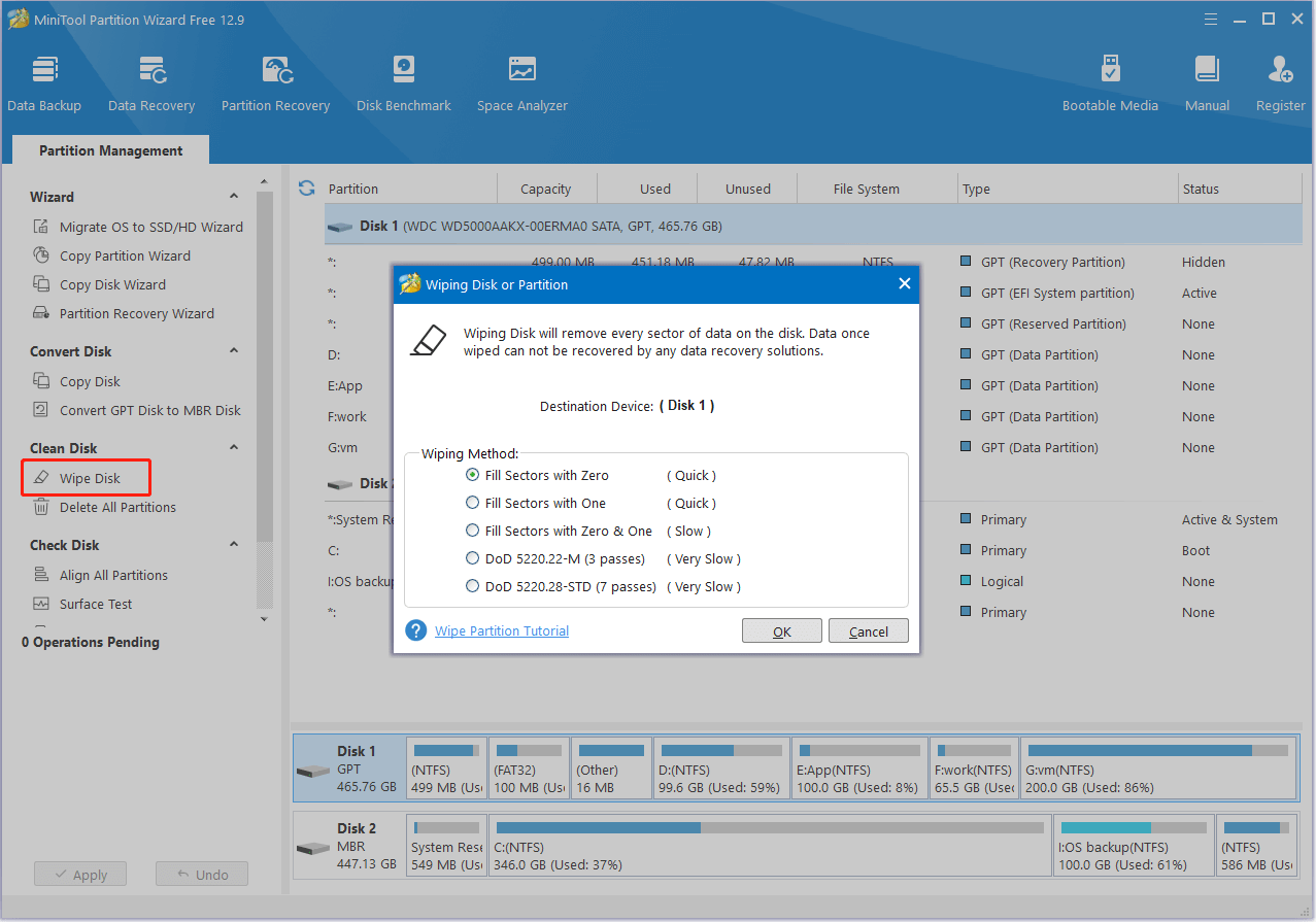 wipe disk in MiniTool Partition Wizard