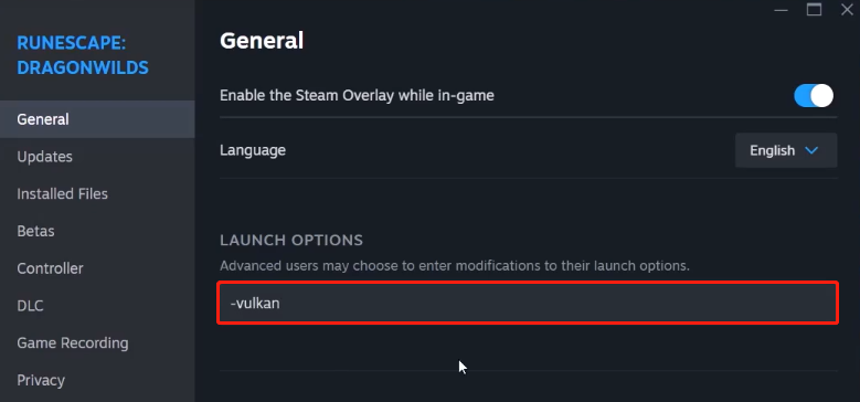 type -vulkan in the Launch Options box