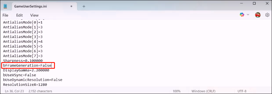 set the True to False behind the bFrameGeneration