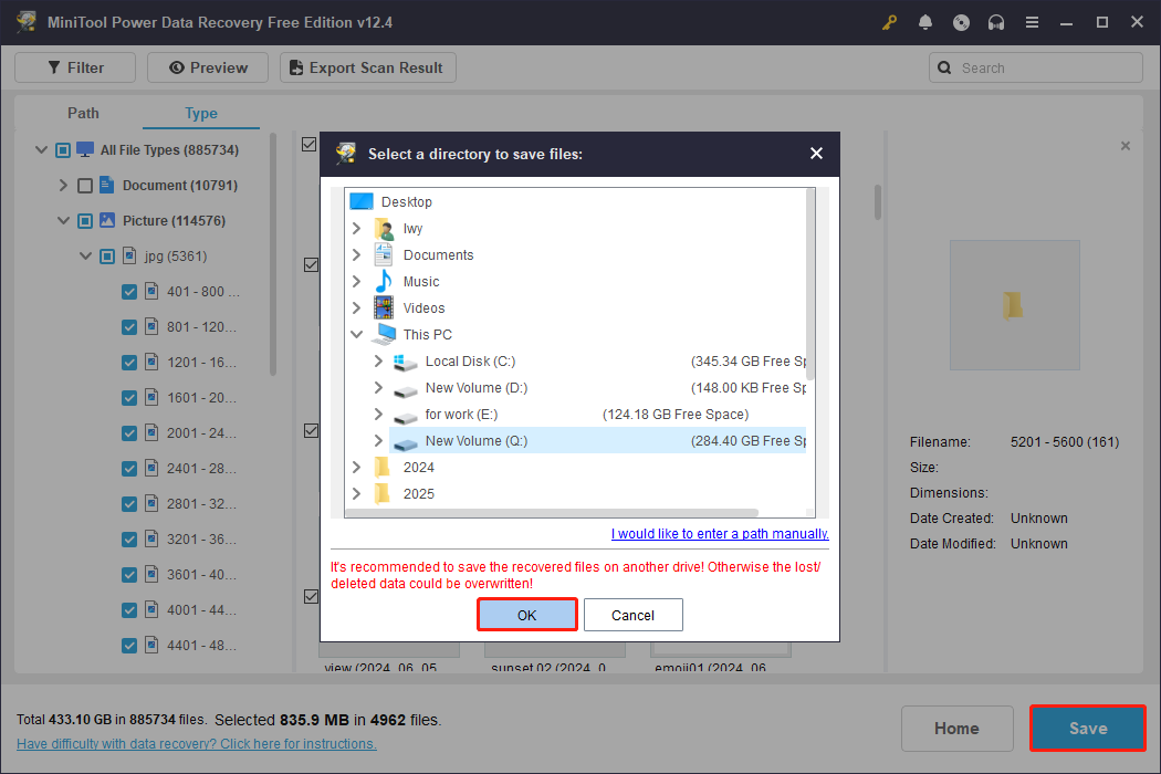 save the target file to a new location in MiniTool Power Data Recovery