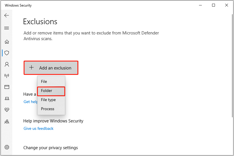 add a folder exclusion in Windows Security