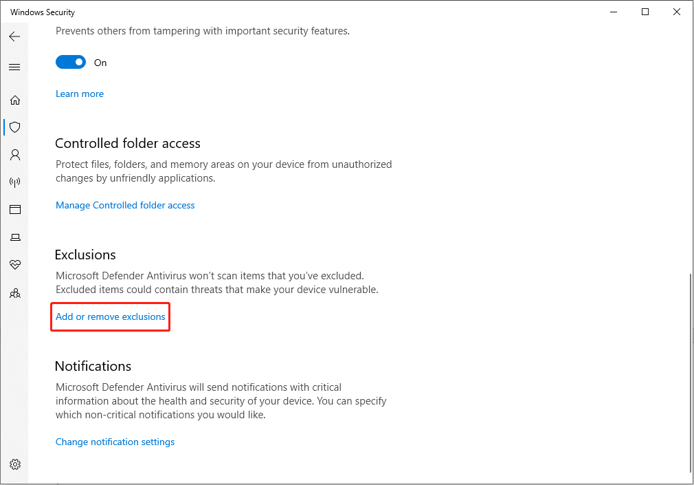 choose Add or remove exclusions to add the Schedule I folder