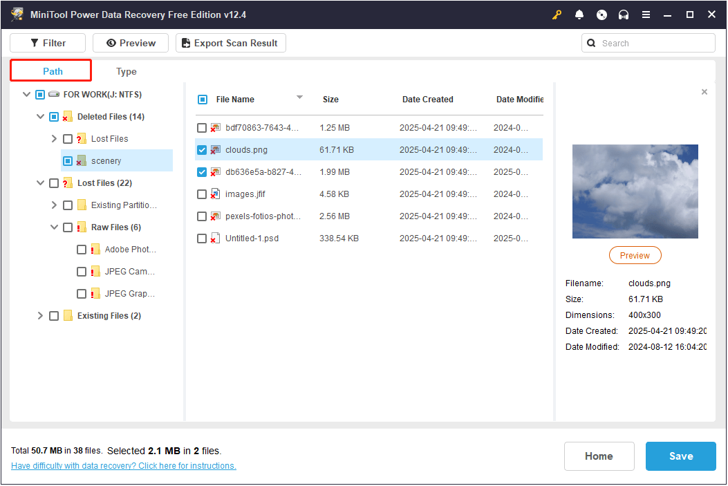 all found files are displayed under Path in MiniTool Power Data Recovery
