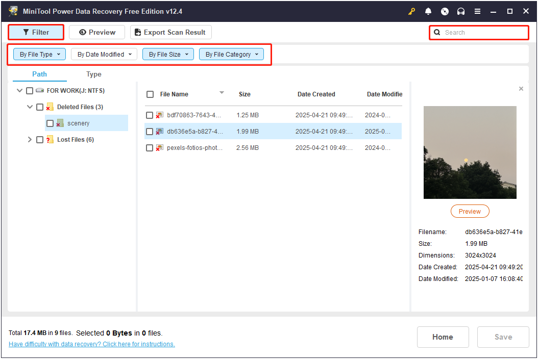 the Filter and Search feature in MiniTool Power Data Recovery