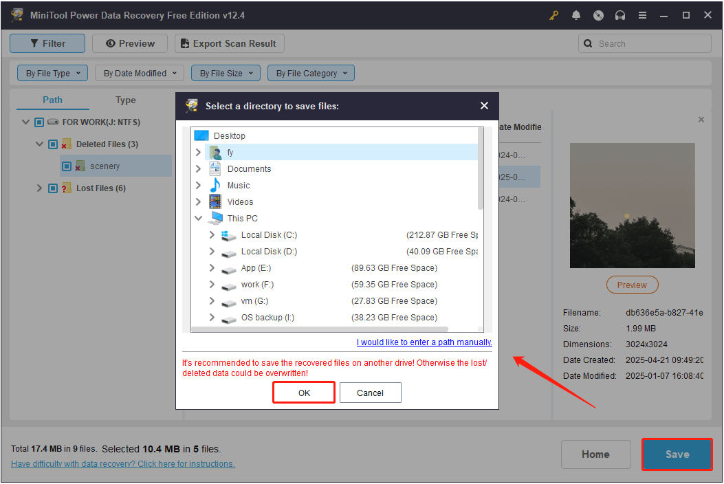 save the ticked files to a new directory in MiniTool Power Data Recovery