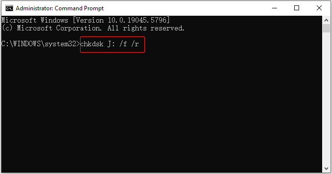 run the CHKDSK command line to repair the J drive in Command Prompt