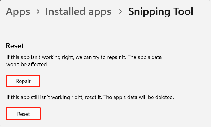 repair or reset the Snipping Tool