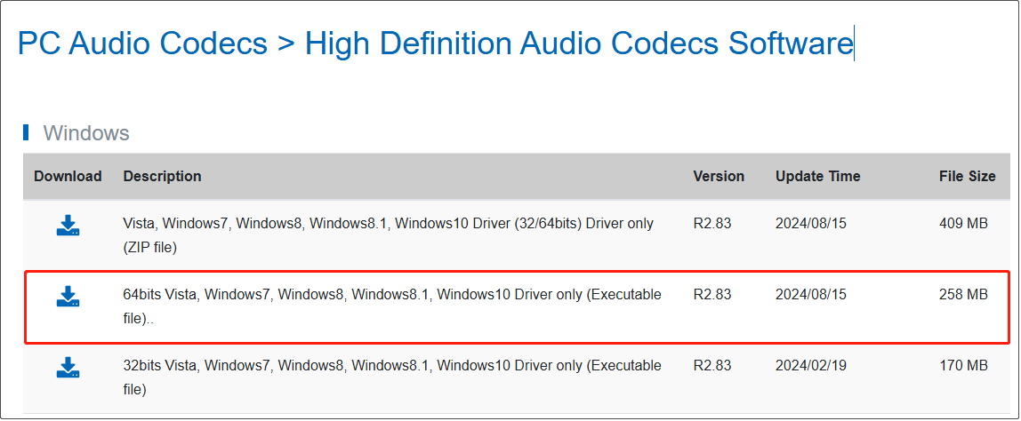 the Realtek audio driver