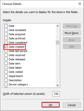 check Date created and click the OK button
