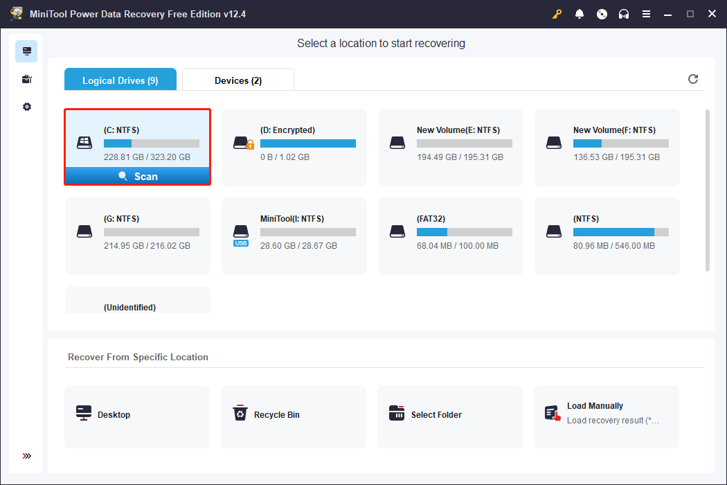 scan the target partition under the Logical Drives section in MiniTool Power Data Recovery