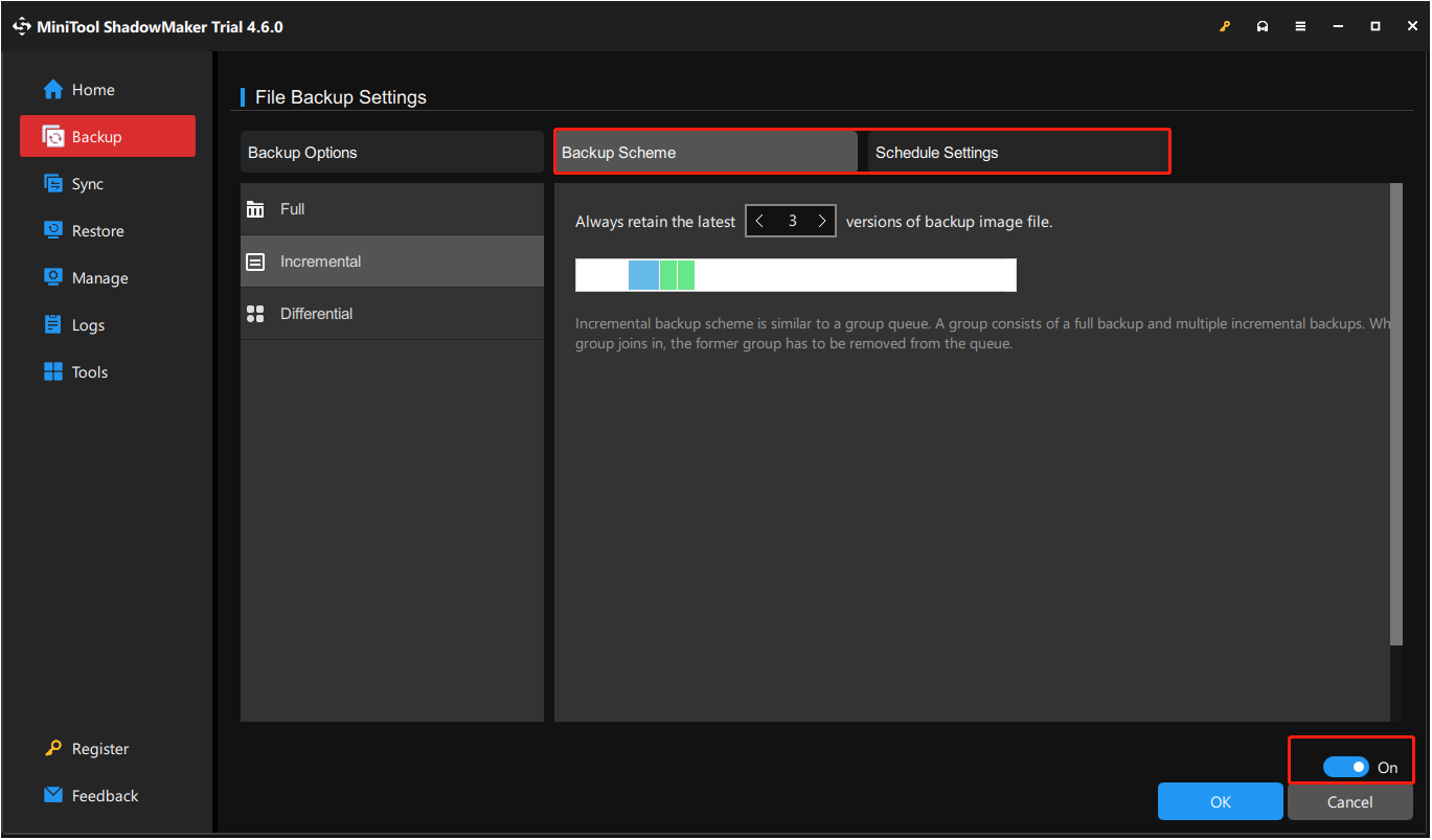 enable and set up backup schemes and schedule settings in MiniTool ShadowMaker
