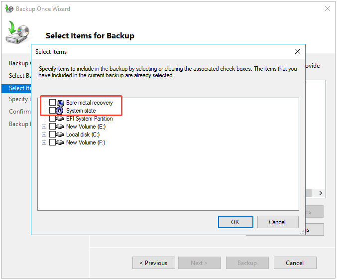 select Bare metal recovery or System state