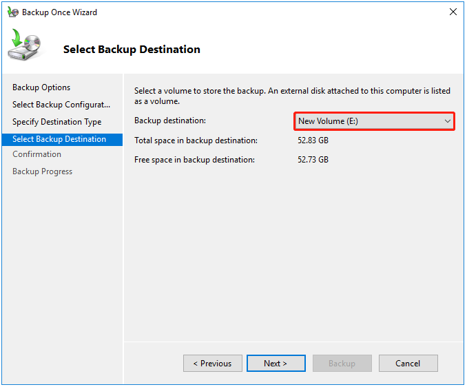 choose the backup destination