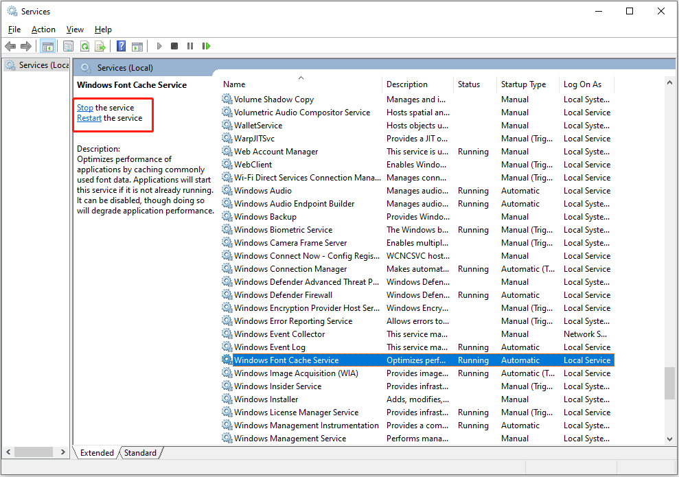 restart the Windows Font Cache Service