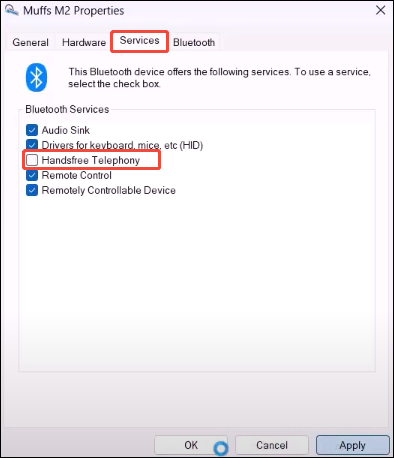 uncheck Handsfree Telephony