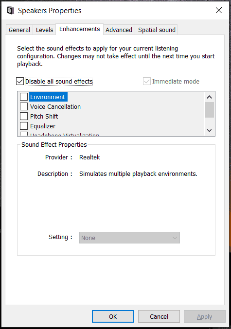 disable sound effects Windows 10