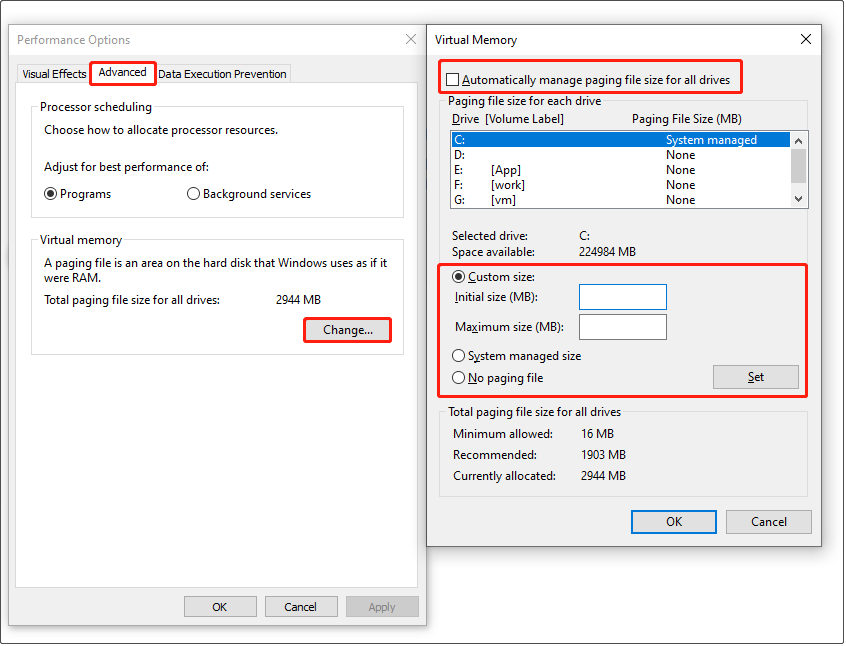 customize the virtual memory size