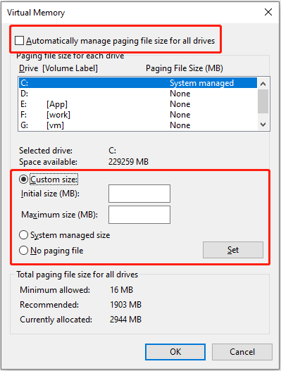 customize the initial and maximum virtual memory size