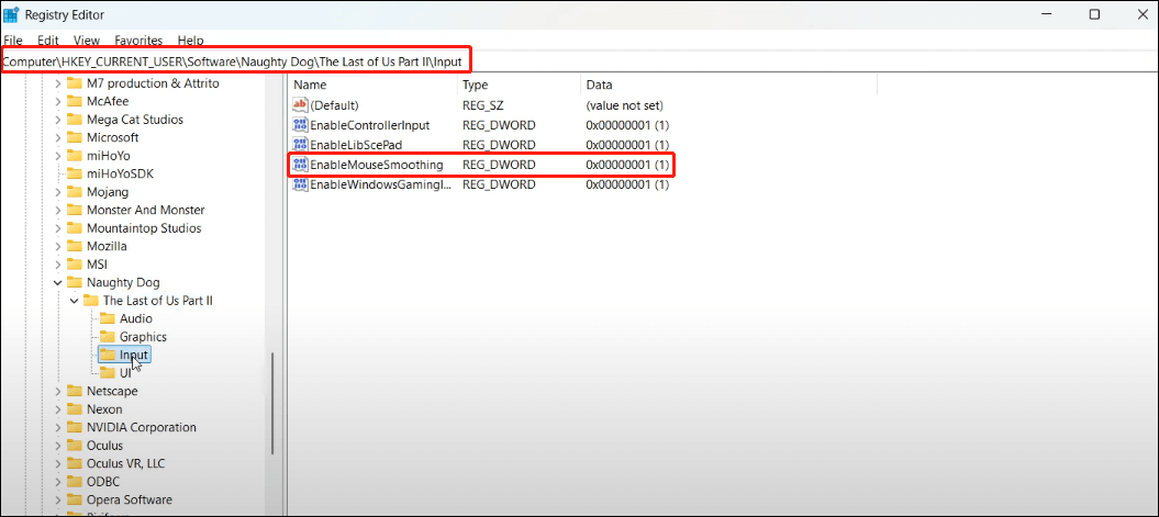 navigate to HKEY_CURRENT_USER\Software\Naughty Dog\The Last of Us Part II\Input and double-click EnableMouseSmoothing