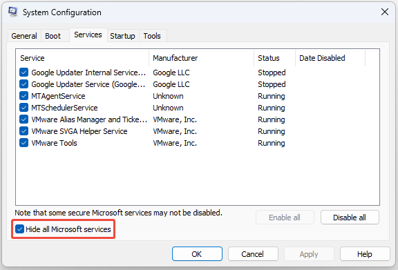 check Hide all Microsoft services
