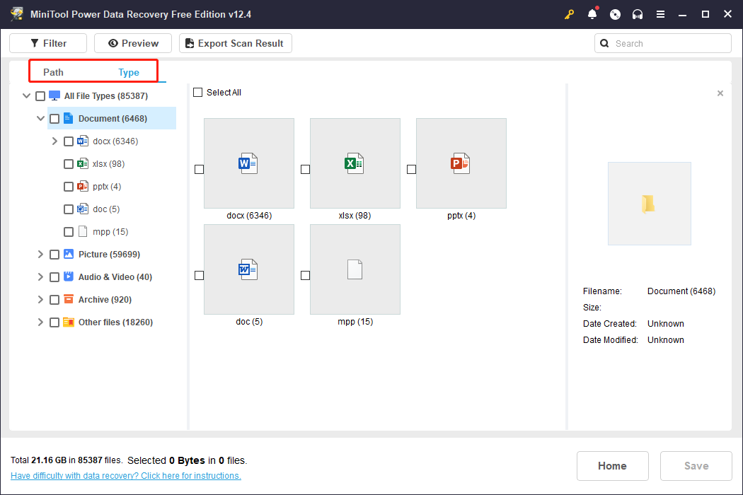 check files under the Path or Type tab