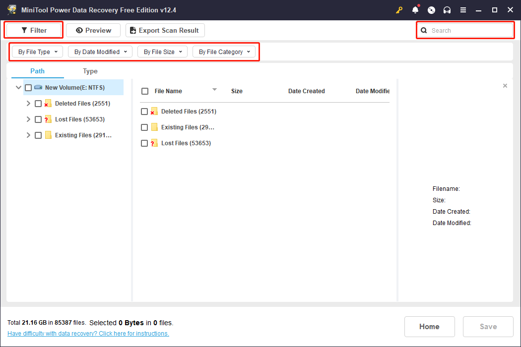 use the Filter and Search functions to filter out unnecessary files