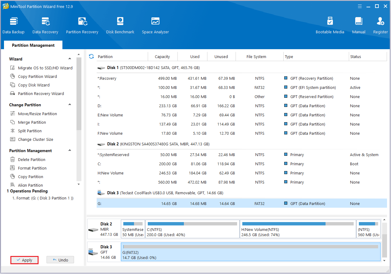 click Apply in MiniTool Partition Wizard