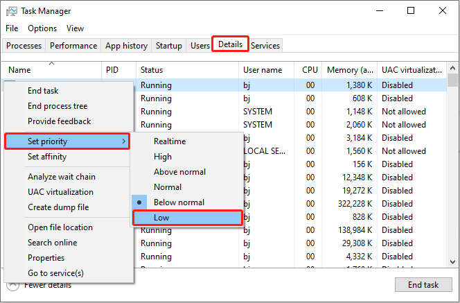 set low priority for Vanguard user-mode service process