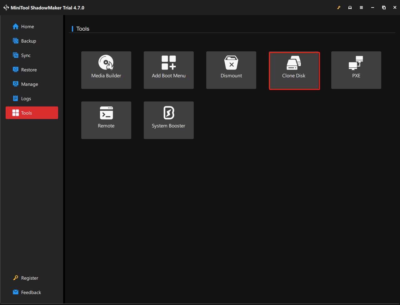 select Clone Disk in MiniTool ShadowMaker