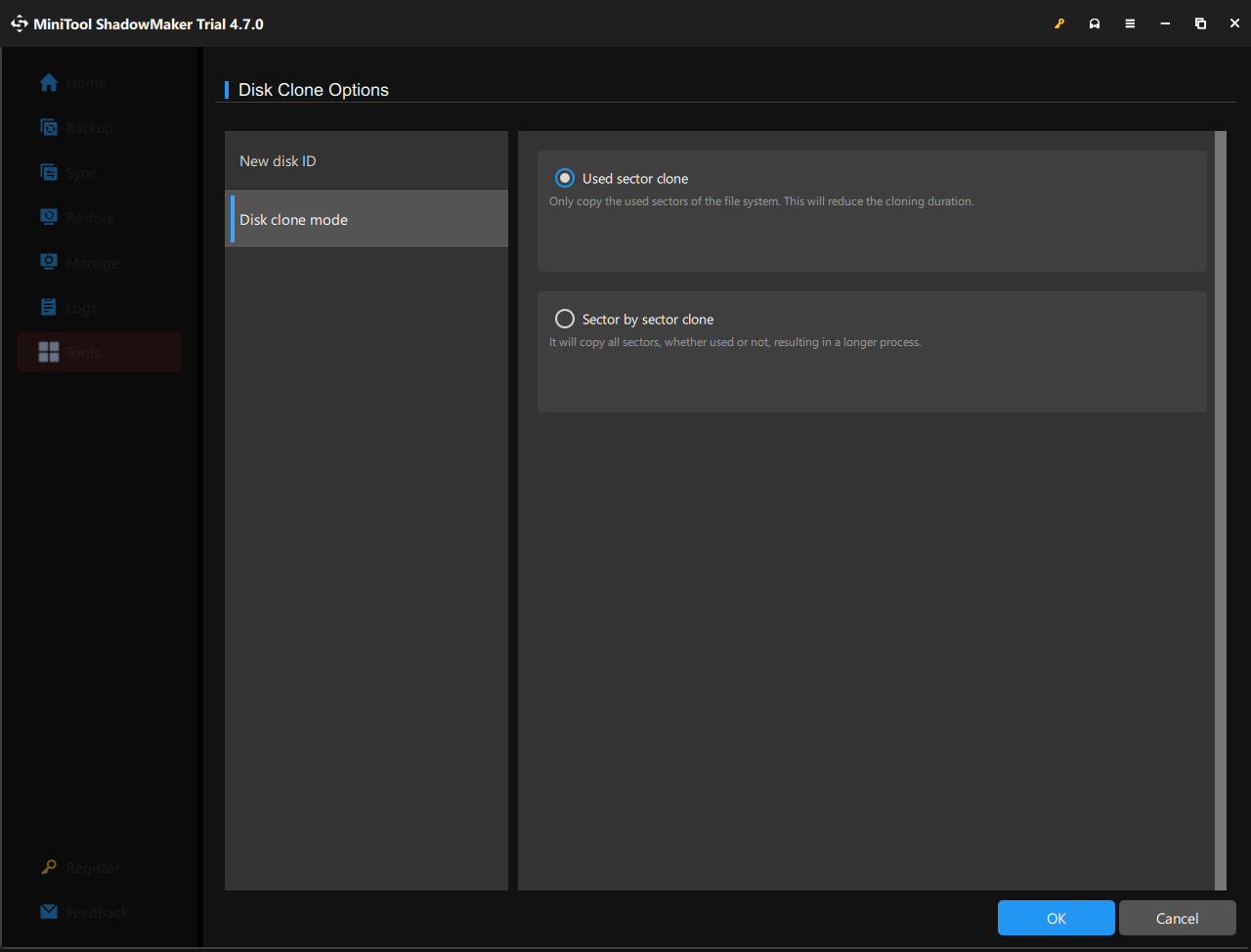 select disk clone mode in MiniTool ShadowMaker