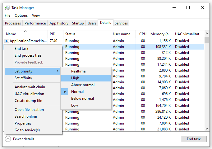select Set priority to High