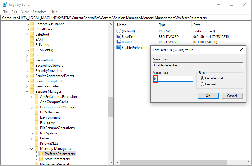 change the registry value data to manage the prefetcher utility