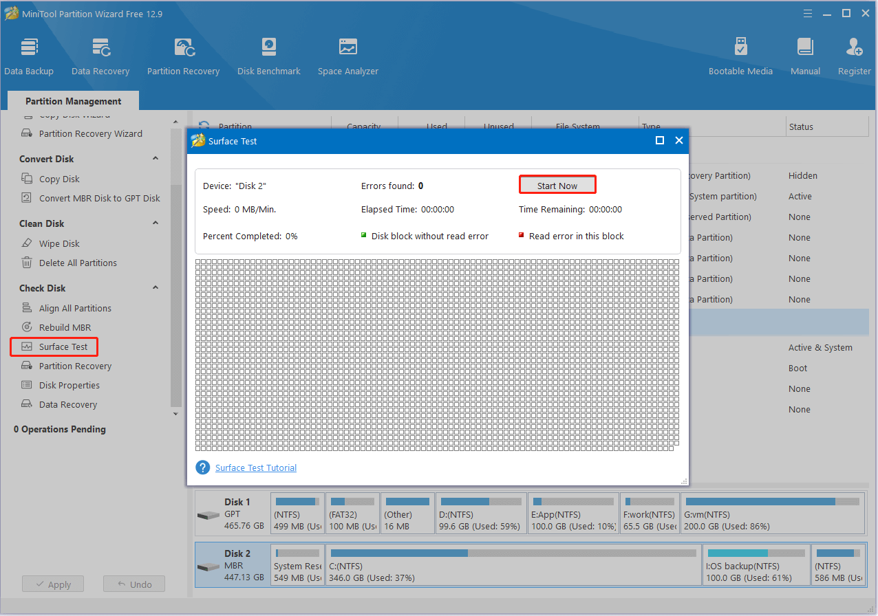 perform a surface test in MiniTool Partition Wizard