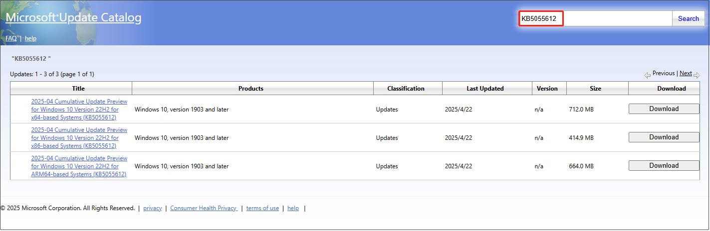 tải xuống KB5055612 từ Microsoft Update Catalog
