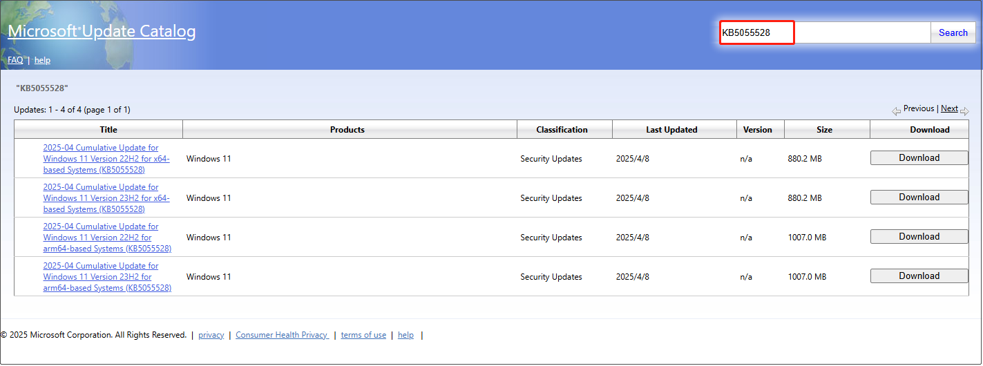 download and install KB5055528 from Microsoft Update Catalog