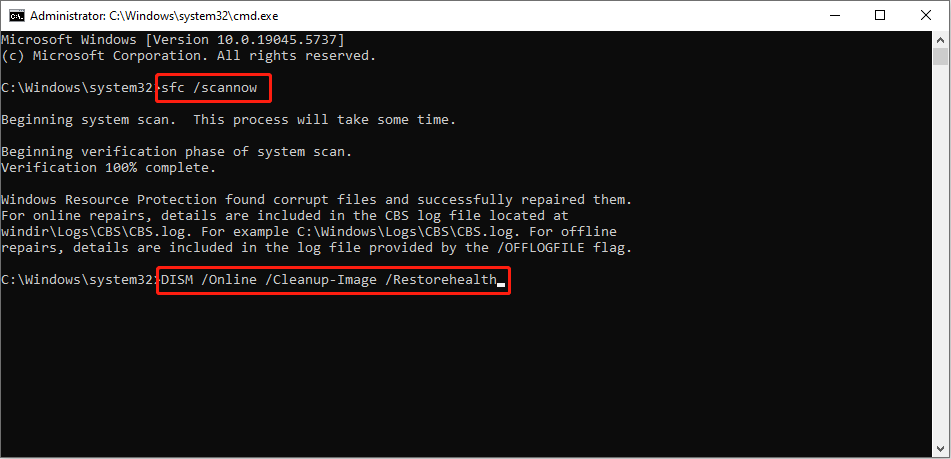 run the command lines to repair system files