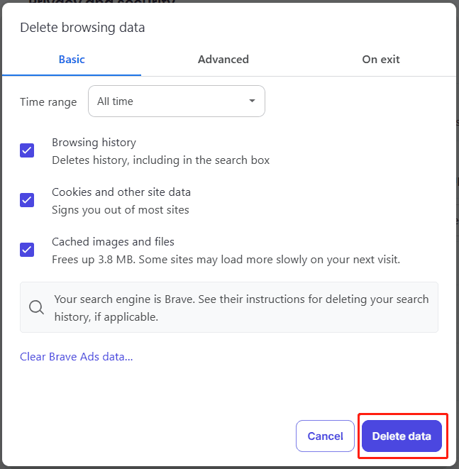 clear cookies and caches in Brave browser