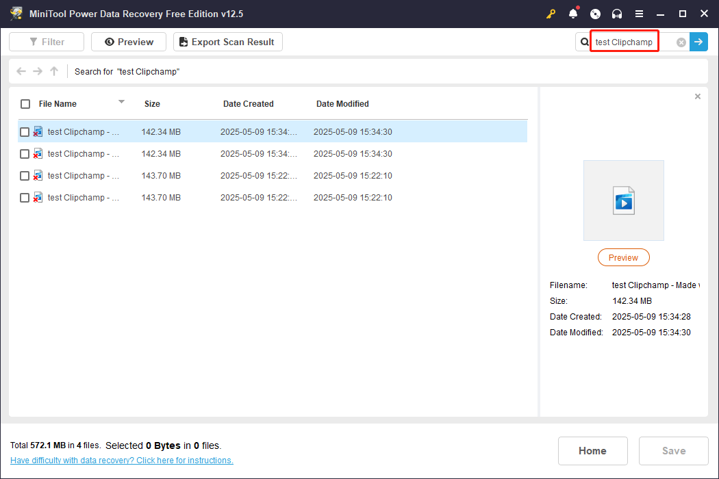 search for the target file using the Search feature in MiniTool Power Data Recovery
