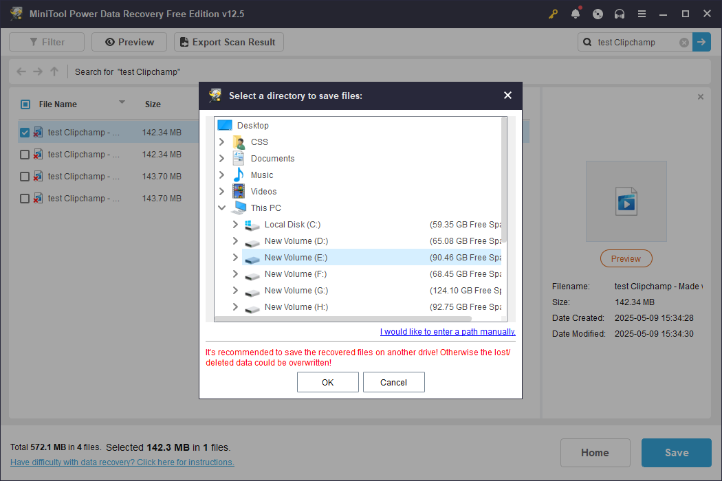 choose a new destination for the recovered video file