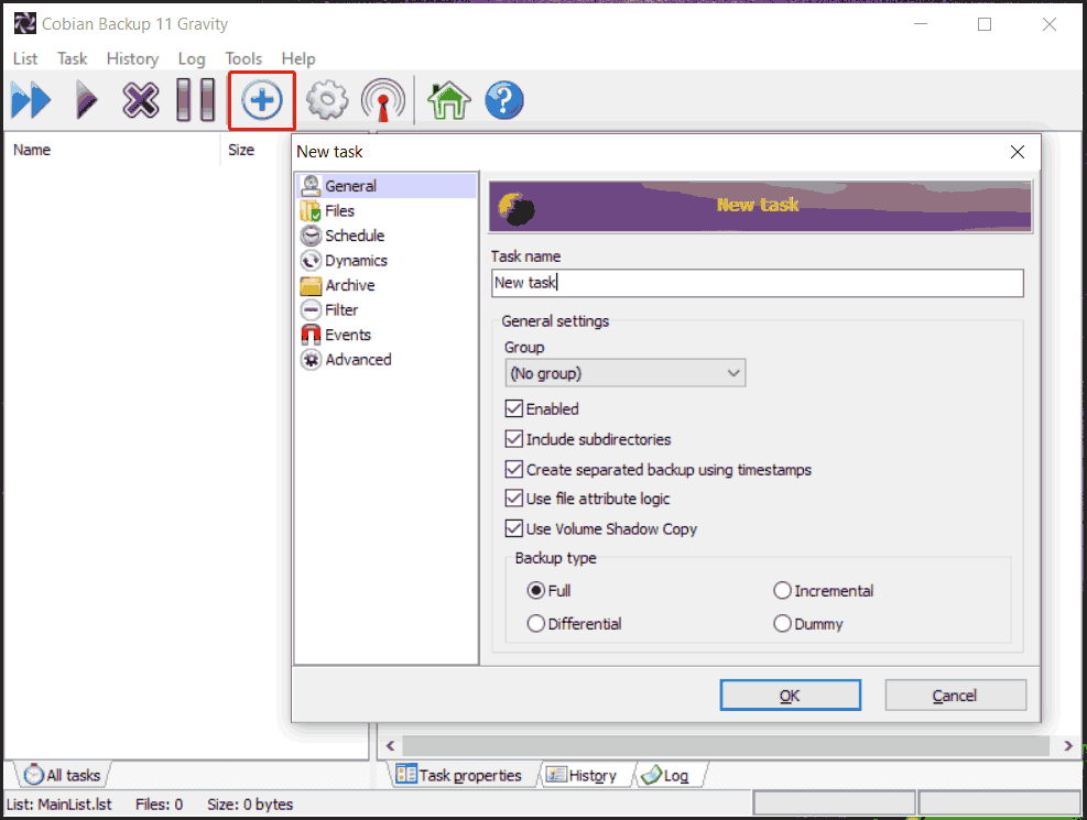 create a new backup via Cobian Backup