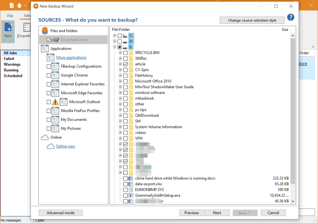 choose backup source in FBackup