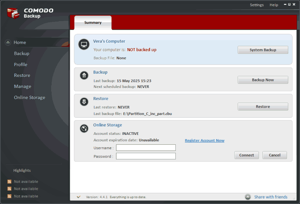 Comodo Backup Home page
