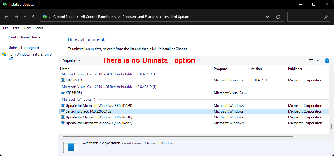 No se puede desinstalar Servicing Stack