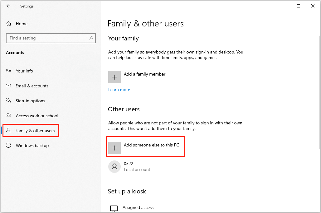 create a new user account from Settings